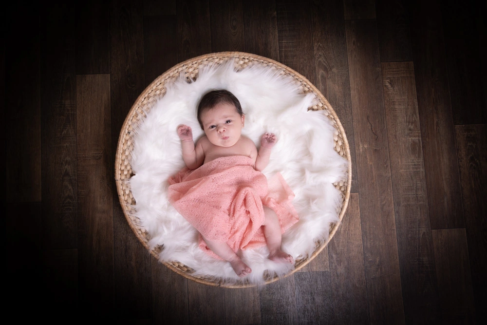 newborn baby portrait in Birmingham photography studio lying in basket with soft blanket