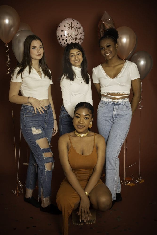 group adult birthday studio portrait in Birmingham with balloons