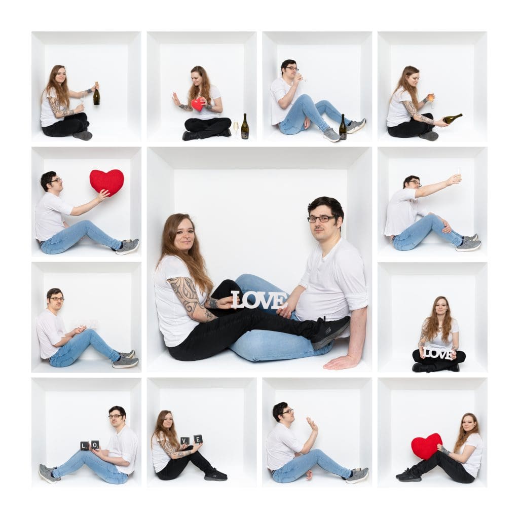 Inside the box photography of a couple in a white studio box, creating a creative love and lifestyle portrait series.